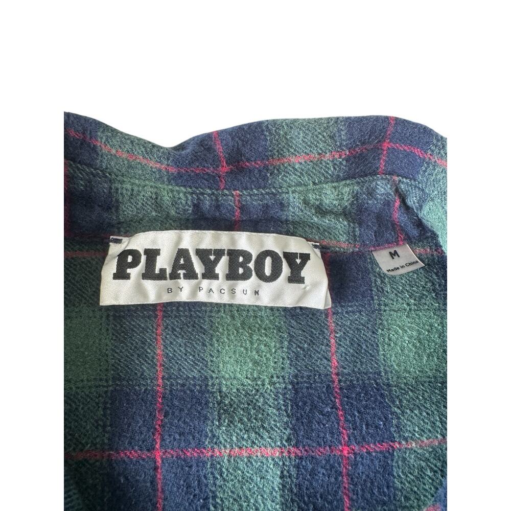 Playboy PacSun Green Blue Plaid Flannel Shirt Men’s Medium Long Sleeve - Picture 6 of 9